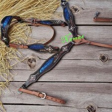 New Western Saddle Horse Bling Turquoise Leather Tack Set Bridle Breast Collar