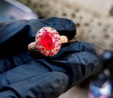 2Ct Oval Lab Created Red Ruby Halo Engagement Ring 14K Rose Gold Plated Silver