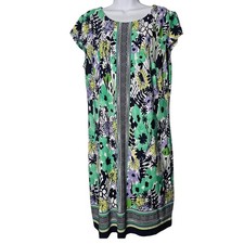 Floral Mod Midi Dress Cap Sleeve Green Garden Party 14 DB Established 1962 Retro