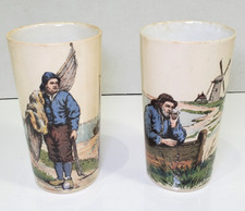 Antique Villeroy Boch Mettlach German Beer Beaker Fisherman on Beach 1191 & 1192