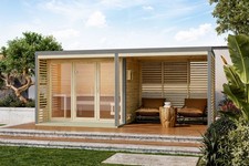  Saunahaus Gartensauna ARES 3 mit Anbaudach 540x276 Metall/Holz Hybrid Saunahaus