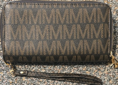 Mango Brown/Black Logo Zip-Around Wristlet Wallet with Credit Card Slots