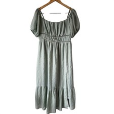 ASTR The Label Sage Green Puff Sleeve Crochet Trim Midi Dress