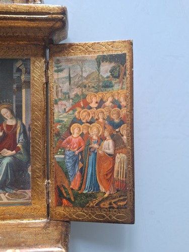 ANCIENNE ICONE TRIPTYQUE RELIGIEUX . repro Peinture Sur Bois Scène Réligieuse - Photo 12 sur 16