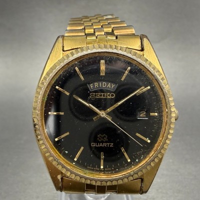 Seiko SQ President Watch Men 36mm Black Dial Gold Tone Daydate
