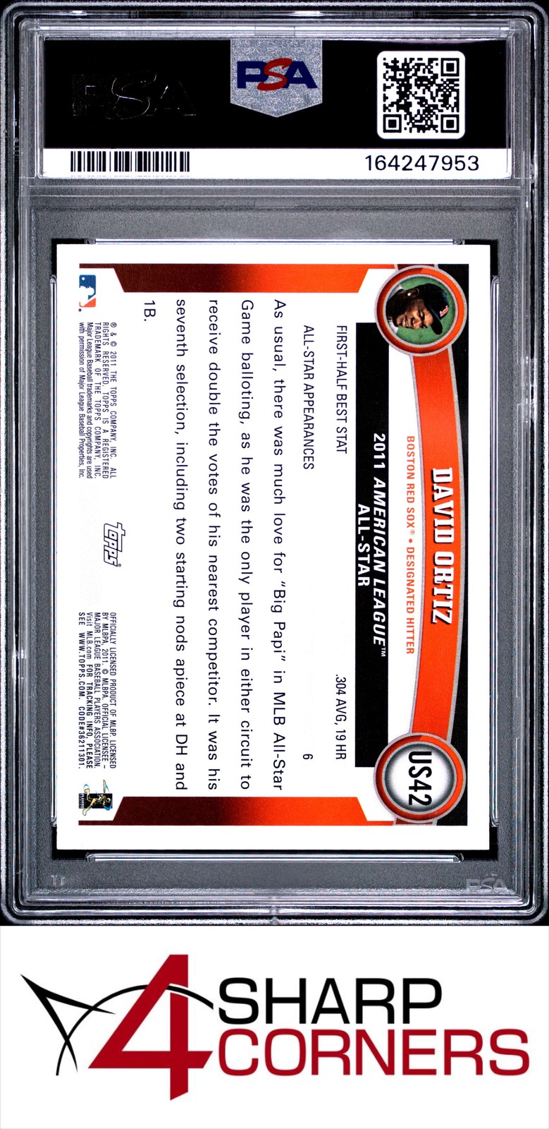 2011 TOPPS UPDATE #US42 DAVID ORTIZ RED SOX HOF PSA 10 view 2
