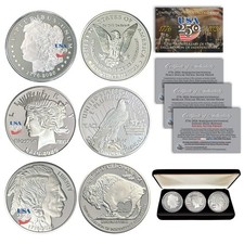EE. UU. 250 PRIVADO América 2026 MORGAN + PAZ + BÚFALO 1 OZ Níquel-Plata CAJA DE 3 MONEDAS