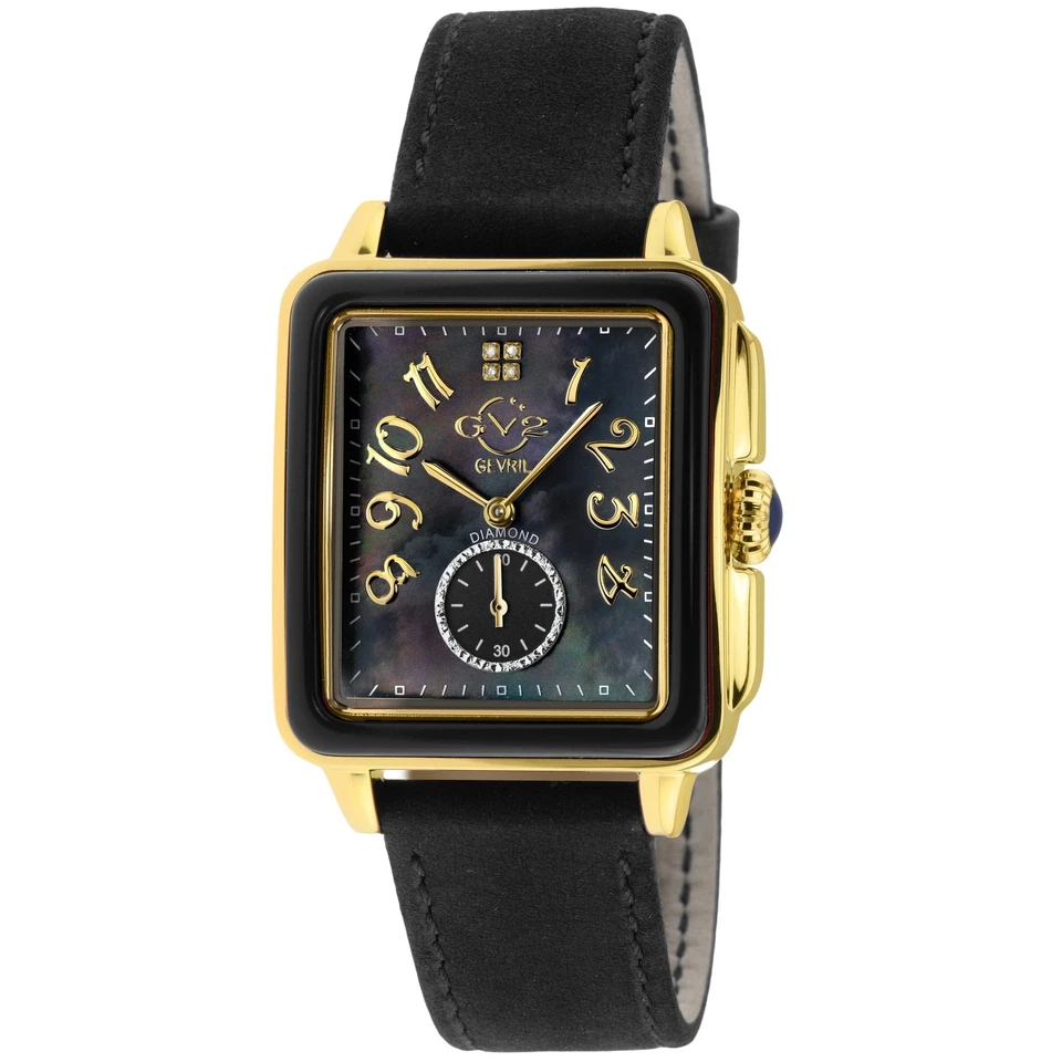 Reloj de cuarzo suizo GV2 by Gevril para mujer 9263 Bari esmalte negro esfera mop diamante