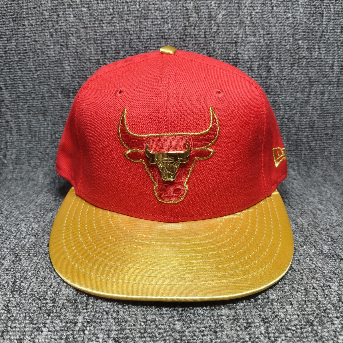 New Era Chicago Bulls NBA Snapback Hat Red Gold Metal Logo Flat Brim Cap