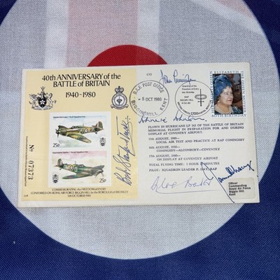 RAF FDC 1980 BADER,TUCK,LACEY,JOHNSON,CUNNINGHAM SIGNED B.O.B 40th ANNIVERSARY 