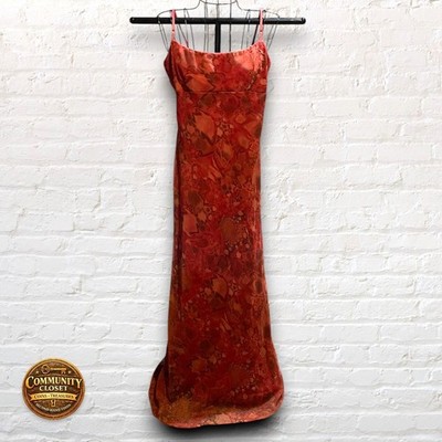 City Studio Y2K Satin Maxi Dress 9 Fits 4/6 Orange Red Marble Sheer Overlay USA 