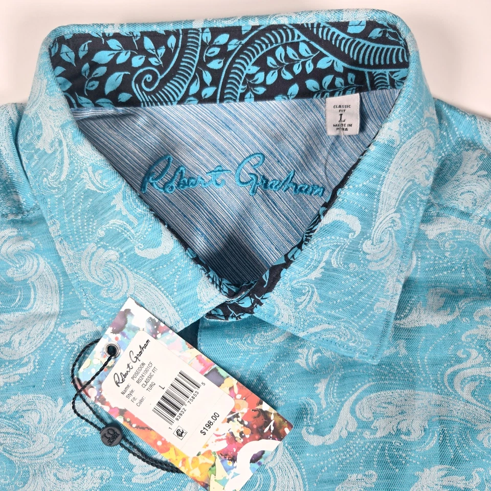 Robert Graham Paisley Floral Button-Up Shirt Men Large Turquoise Linen Flip Cuff - Image 3 of 4