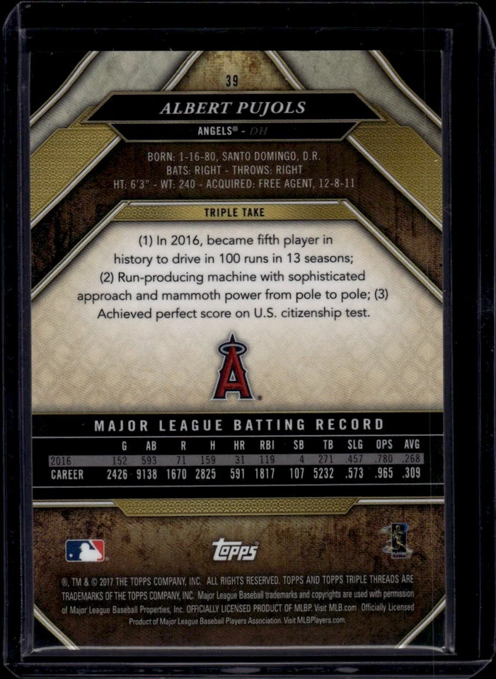 2017 Topps Triple Threads #39 Albert Pujols - Image 2 of 2
