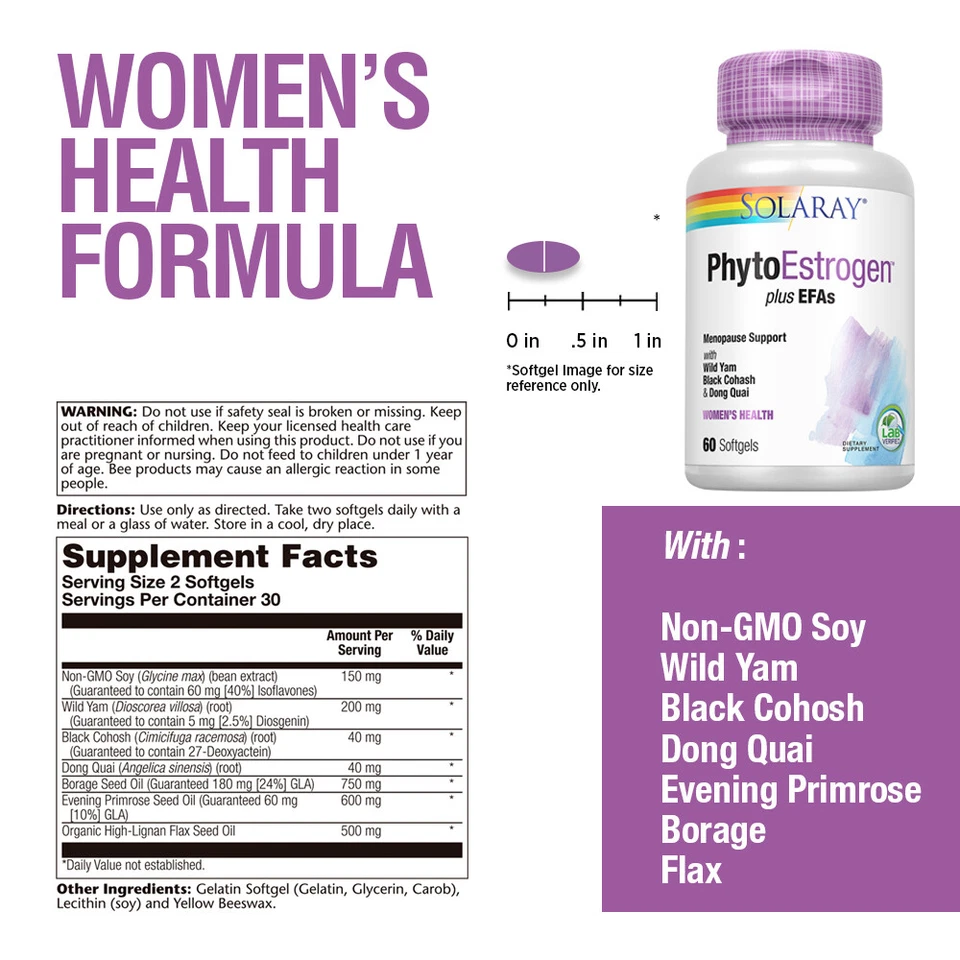 Solaray PhytoEstrogen Plus EFA Apoyo para la menopausia | 60ct, 30 porciones Foto 2 de 4