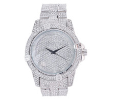 Hip Hop Iced Watch Silver Plated Pave Bling Rapper Lab Diamond Metal Band Heavy