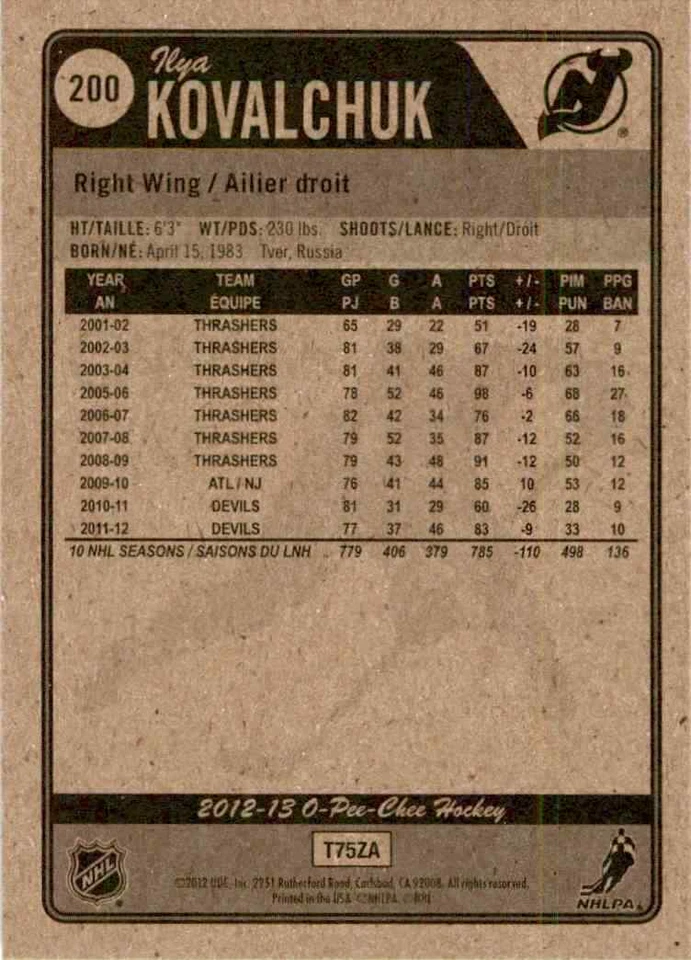 2012-13 O-Pee-Chee Ilya Kovalchuk #200 - Image 2 of 2