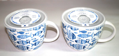 Global Tides 26 oz Porcelain Microwave Handled Soup Mugs/ Lids Set of Two New