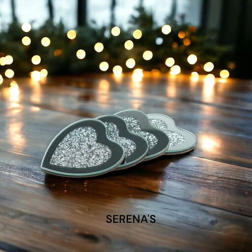 SERENA'S ® Set of 4 Mirror Coasters Crushed Diamond Glittering Silver Crystal