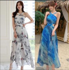 Womens 2024 Fashion Floral Spaghetti Strap Cutout Chiffon Flared Beach Dress 063