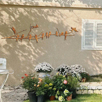 Rostige Metall Vögel auf Ast Baum Silhouette 50 cm x 13 cm Garten Wandbild