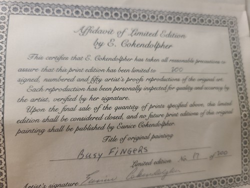 S/N Print W/Cert Print "Busy Fingers" By Eunice Cokendolpher - Picture 10 of 13