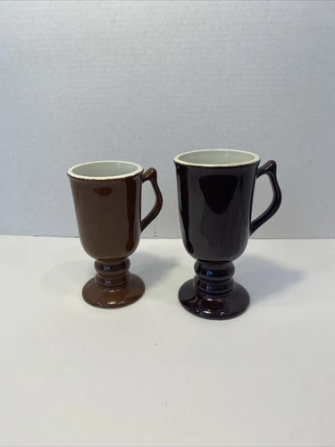 Vintage 2 Hall Pottery Pedestal Mug Brown #1273 & # 1272 MCM Irish Coffee Mugs
