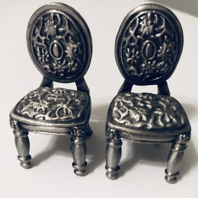 Two Miniature Pewter Dollhouse Metal Dining Room Chairs Formal