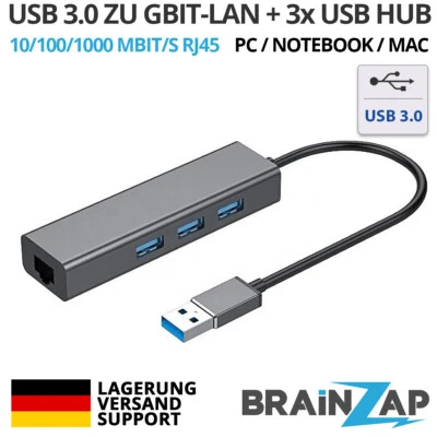 USB 3.0 zu RJ45 10/100/1000 Mbps Gigabit Ethernet LAN Extern Adapter, 3x USB Hub - Bild 1 von 4