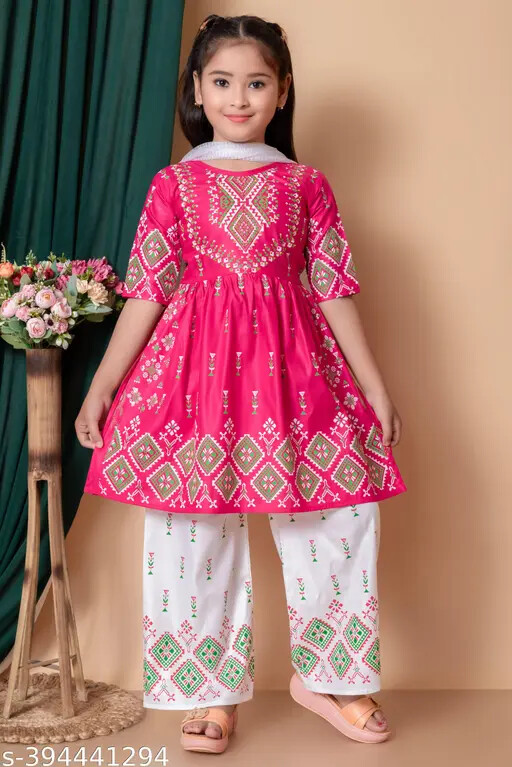Indian Kids Traditional Cotton Anarkali Girls plazo Set For Ethnic