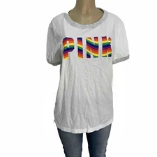 Victorias Secret Pink White Fun Graphic Tee Shirt Womens Size S Relax Casual Top