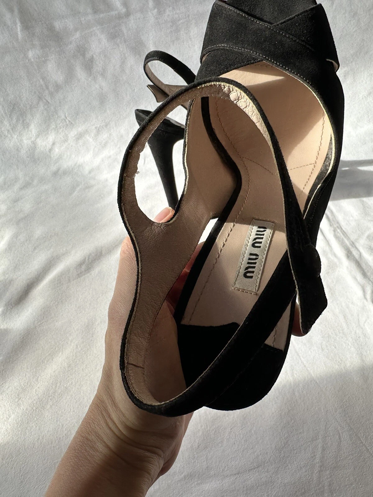 Miu Miu sandalo nero scamosciato punta aperta cinturino plateau slingback pompa tg 39