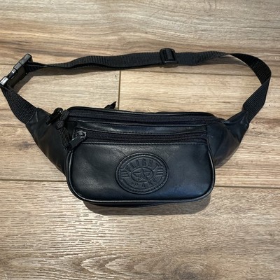 Vtg Fanny Pack Flight Pax Black Leather Waist Bag Adjustable 3 Zipper Pocket