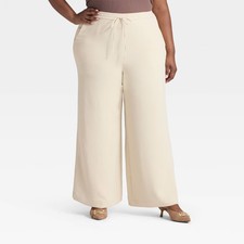 Women's Wide Leg Signature Crepe Pull-On Pants - A New Day Cream