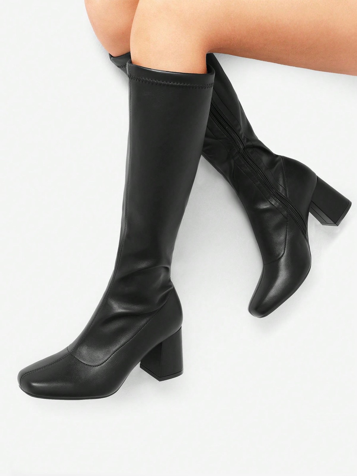 Women Knee High Gogo Boots Square Toe Chunky Heel Side Zipper Boots