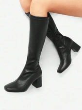 Women Knee High Gogo Boots Square Toe Chunky Heel Side Zipper Boots