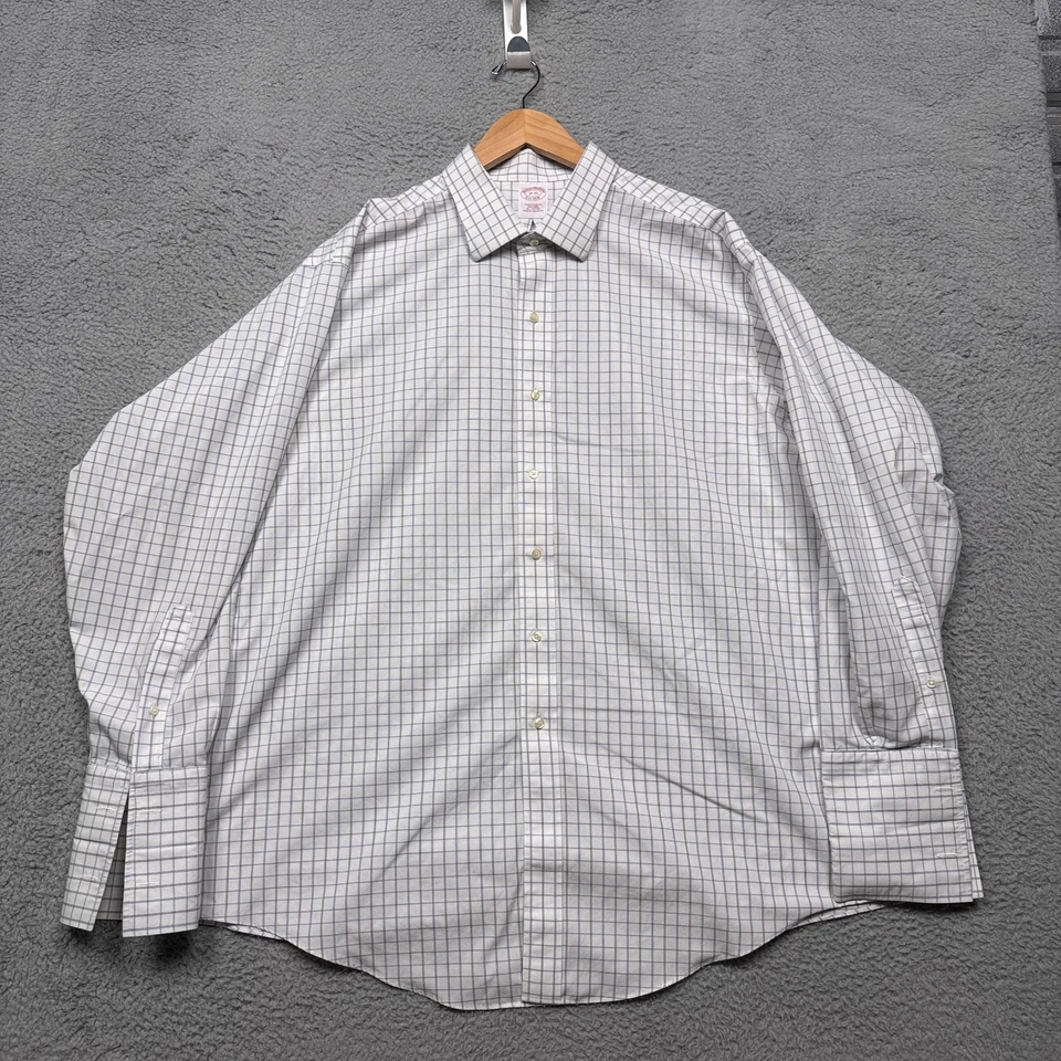 Camisa de vestir Brooks Brothers para hombre 18 35 blanca a cuadros puños franceses sin planchar Foto 2 de 4