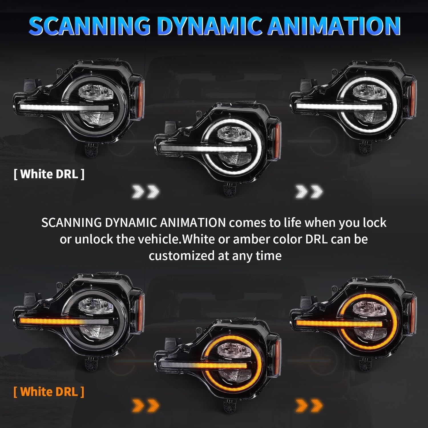 Pair Dynamic LED Headlights For 2021-2025 Ford Bronco Amber/White DRL Headlamp