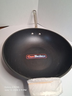 Crate & Barrel Non-Stick Flat-Bottom Wok, Long Handle, Black/Silver