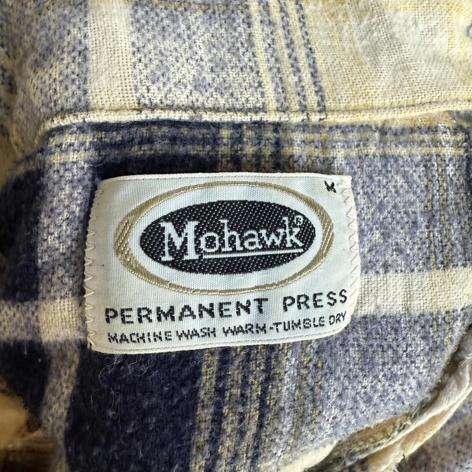 Vintage Mohawk Flannel Shirt Yellow Blue Plaid Permanent Press Sz S Made USA - Image 4 of 4
