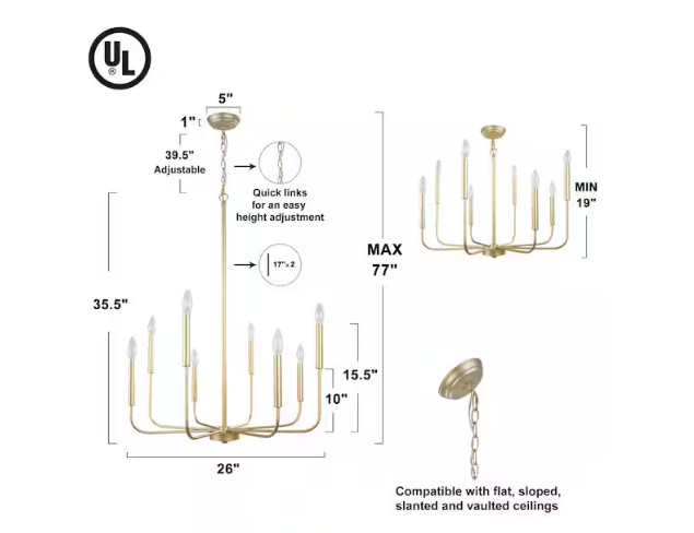 LNC Modern Gold Candlestick Island Chandelier Transitional 8-Light Pale Brass