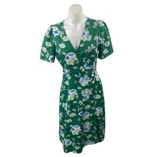 Commense Green Floral Short Sleeve Tie Waist V Neck Midi Wrap Dress Size S