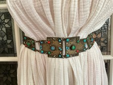 Vintage Metal Brass Concho Belt Faux Turquoise Boho Western 27  