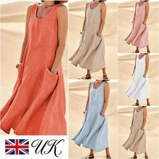 Ladies Sleeveless Beach Holiday Pocket Dresses Summer Loose Tank Dress Plus Size
