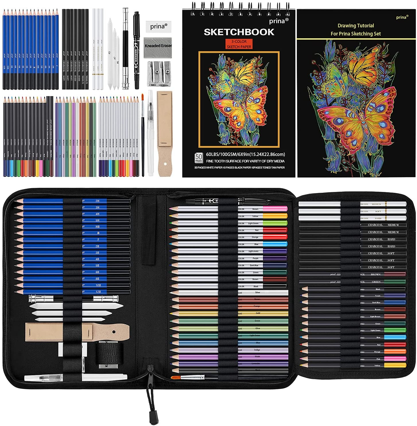 76 Pack Drawing Set Sketching Kit, Pro Art Supplies with 3-Color Sketchbook, Inc