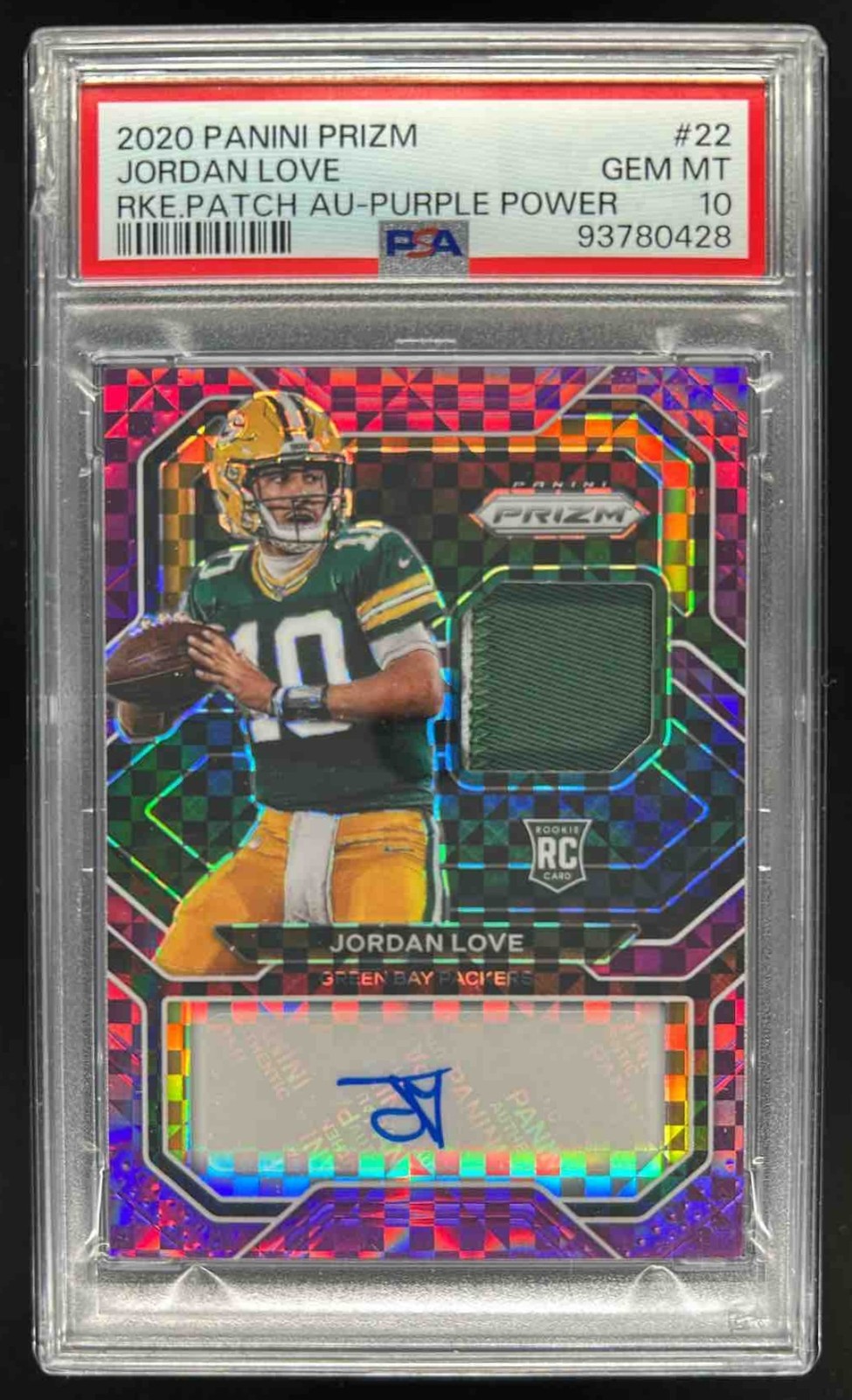Jordan Love Panini Prizm Rookie Patch Autographs #22 Purple Power