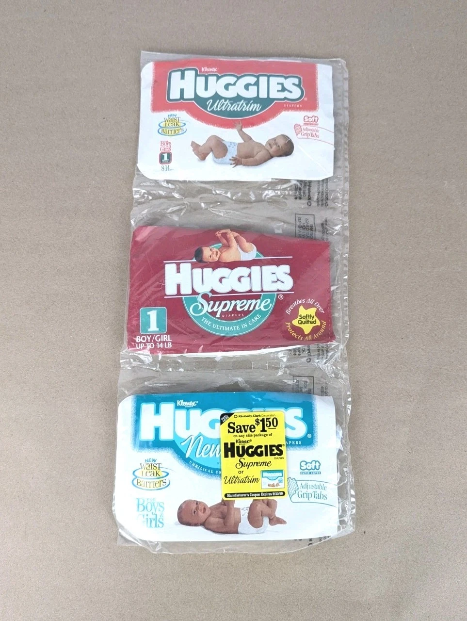 Vintage 1992 HUGGIES 3 Diapers Sampler Supreme Ultratrim Newborn Size 1 Baby NEW