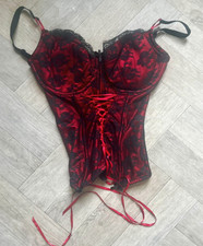 Y2K Anne Summers 32G Red/Black Overbust Lace-Up Floral Lace Corset top
