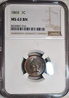 NGC MS-63 BN 1865 Fancy 5 Indian Head Cent, Attractively Toned w/ Hints of Red!