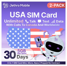 Jethro Mobile 1-Month Prepaid SIM Card 5GB Data, Talk  Text 2 Pack, No Contract