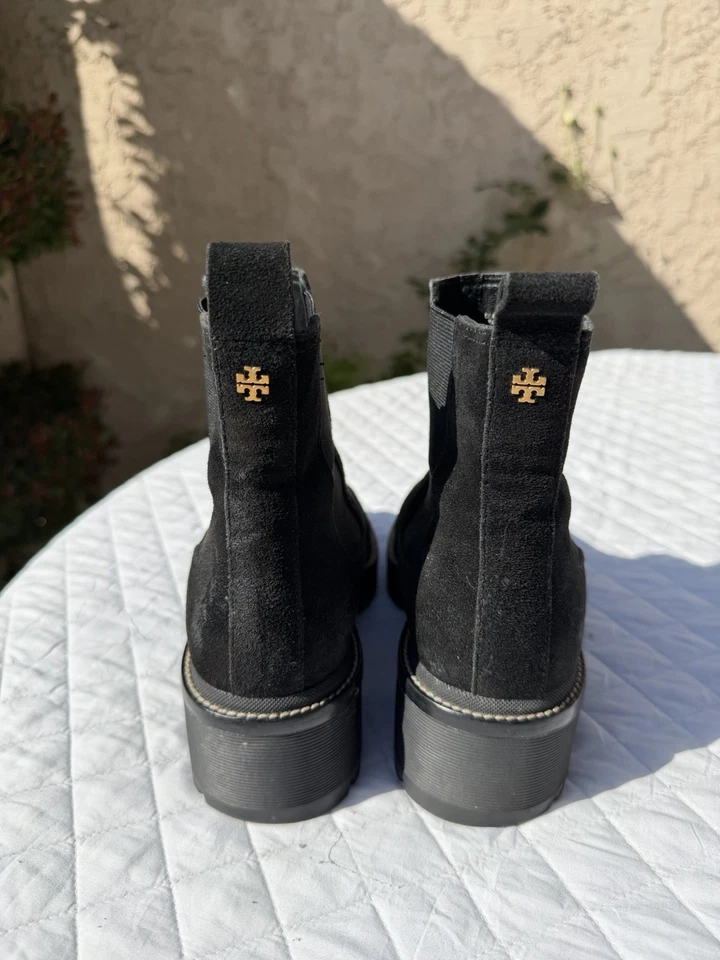 TORY BURCH Chelsea 50 mm Pull-On Negro Gamuza Suela Taco Botines Talla 8.5 M Bonitos Foto 4 de 4
